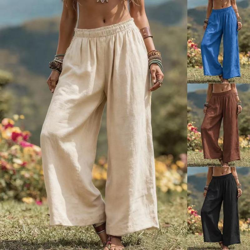 

Spring Summer Women s Linen Blend Wide Leg Pants Elastic Waist Casual Loose Palazzo Trousers S абрикосовый