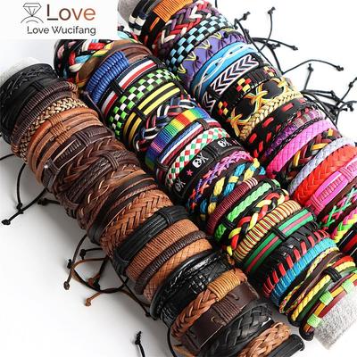 20pcs /Lot Handmade Retro Vintage Leather Cuff Bracelets Colorful Bangle Jewelry For Women Men Mix Styles Adjustable Party Gifts