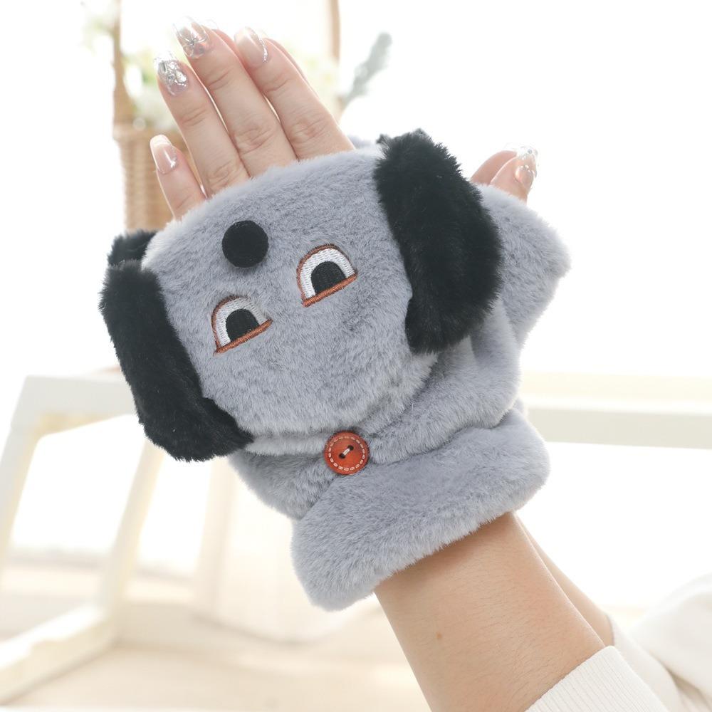 Dog Cartoon Plush Mittens Thickened Flip Cover Plush Gloves All-Match Half Finger Gloves  Winter