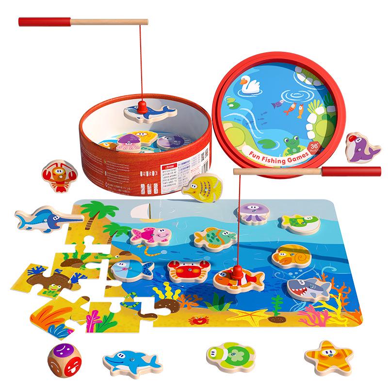 Double-Sided Wooden Magnetic Fishing Toy for Toddlers – Educational Ocean-Themed Bucket with Intelligence-Car Feature