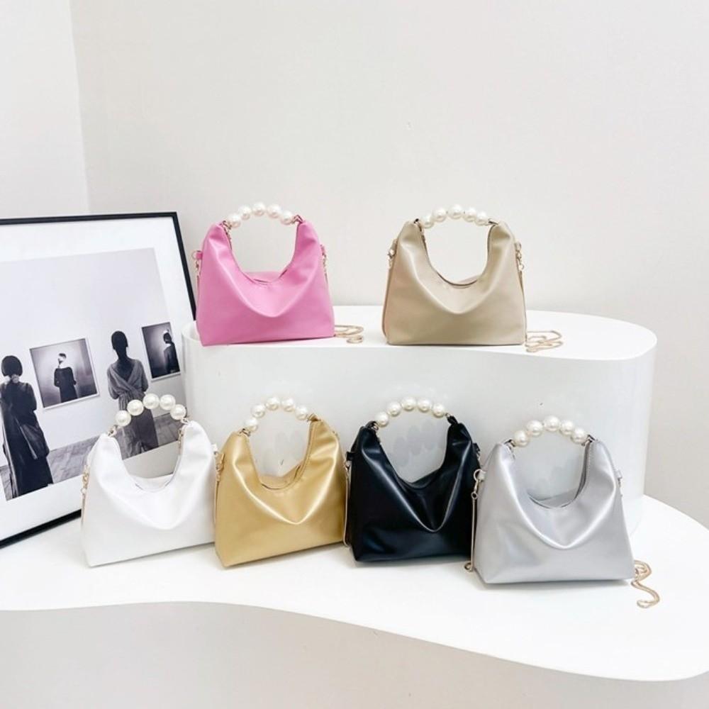 Chain Pearl Handle Handbag PU Leather Women Crossbody Bag Elegant Cloud Shoulder Bag  Party