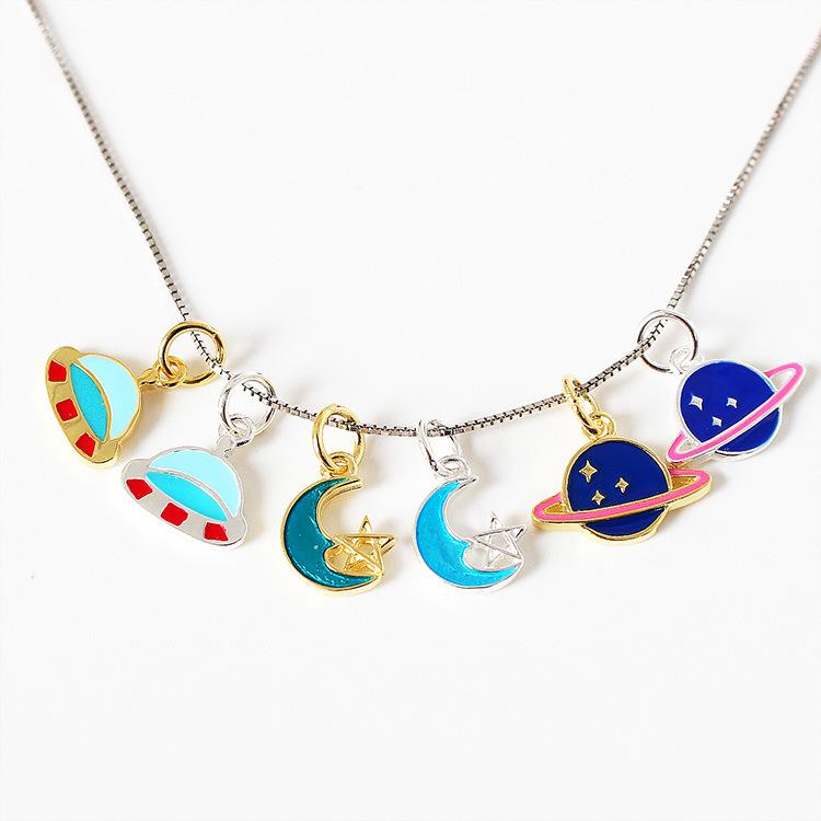 

S925 Sterling Silver Crescent Moon & UFO Charm for DIY Bracelets Option B