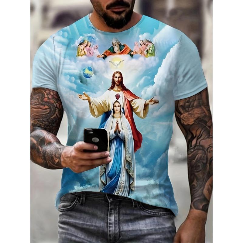 T-shirt da Uomo Girocollo Manica Corta Stampa 3D Gesù Vergine Maria Motivo Religioso Casual Streetwear Traspirante Top Quotidiani
