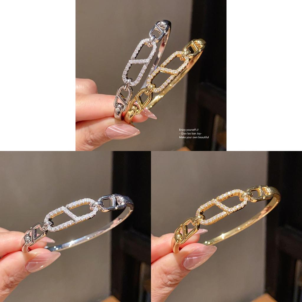 European Style Copper Zircon Stone Cuff Bracelet With Elegant Geometric Design For Daily Use