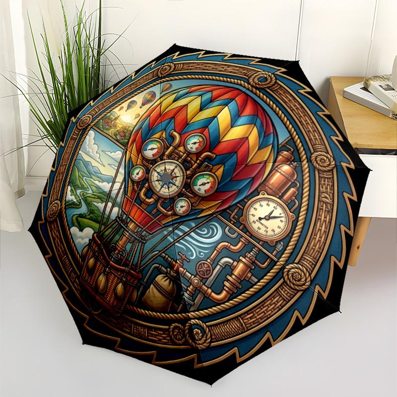 Steampunk Heißluftballon Reise Muster Regenschirm, tragbares und faltbares Design, 8 Speichen, ein lässiges Accessoire für Geburtstagsgeschenke von Freunden.
