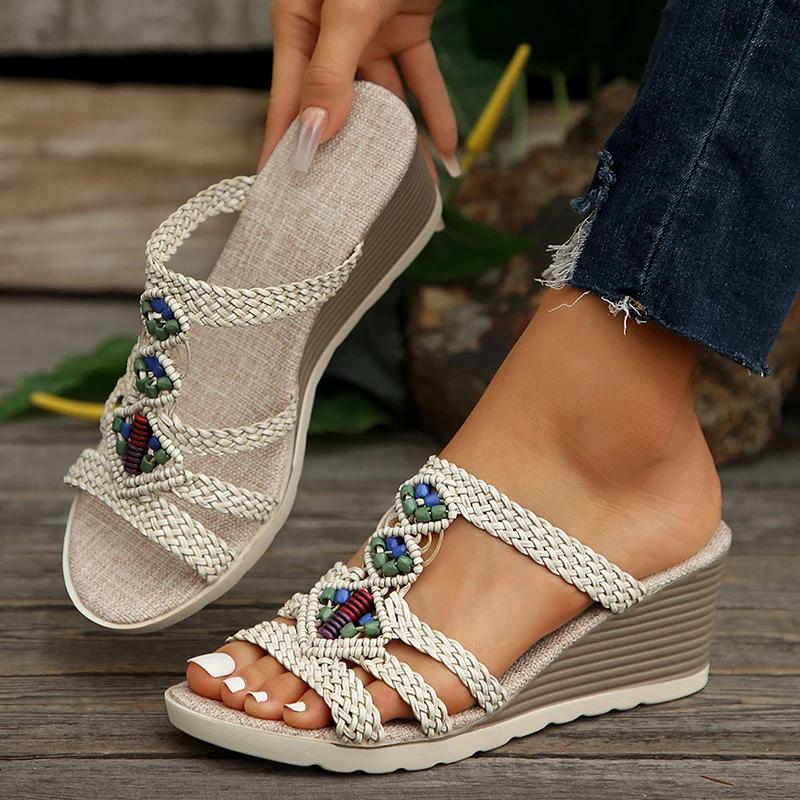 Fashion Bohemia Woven Wedge Heel Sandals Women Summer Thick Bottom Casual Sandles Woman Lightweight Non Slip Gladiator Sandalias Mujer