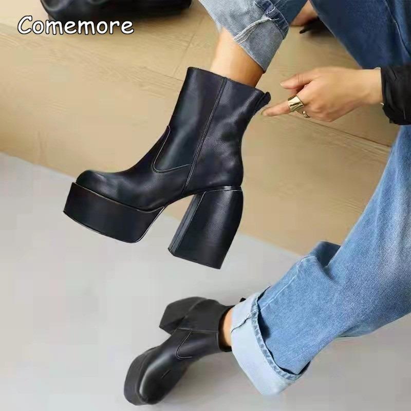 Fashion Comemore Women Punk Style Autumn Winter Chunky Platform High Boot Party Shoes Ladies Black Thick Heels Elastic Knee High Boots