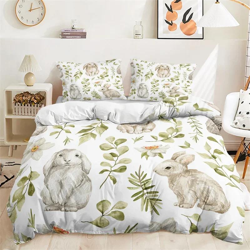 Cartoon Rabbit Duvet Cover Easter Bedding Set Animals Pattern Festival Celebrate Comforter Cover Set Twin For Girl Nursery Child