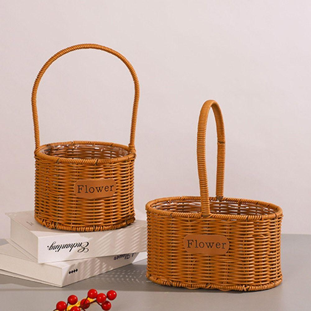 Imitation Rattan Handhold Weaving Basket Brown Hanging Basket Gift Flower Basket