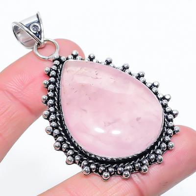 Natural Rose Quartz Gemstone Handmade 925 Sterling Silver Pendant 2.56" N2z04