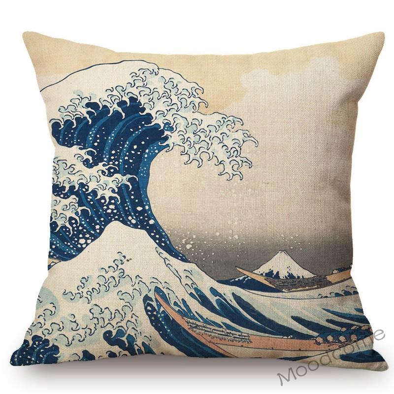 Asian Art Great Wave Woodblock Painting Hokusai Japanese Artist Culture Decoration Pillow Case Cotton Linen Sofa Cushion Cover