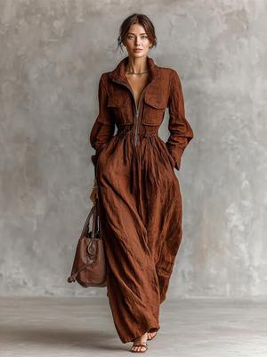 European & American French Style Women's Zipper Lapel Elastic Waist Long Dress Holiday Outfit