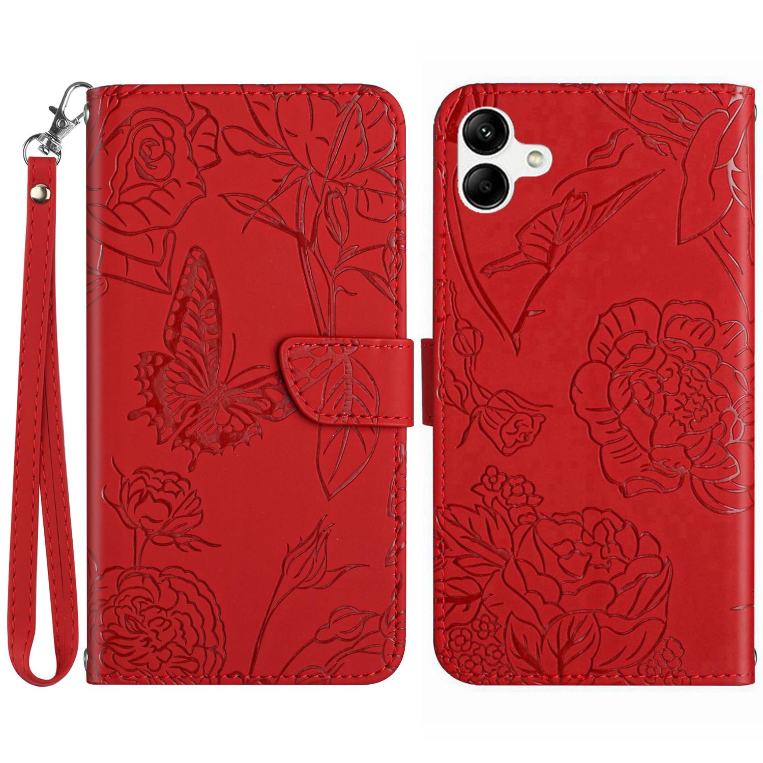 

Для Samsung Galaxy A07 Чехол Кожаный Чехол для Телефона с Ремешком с Тиснением Бабочки и Цветка Red