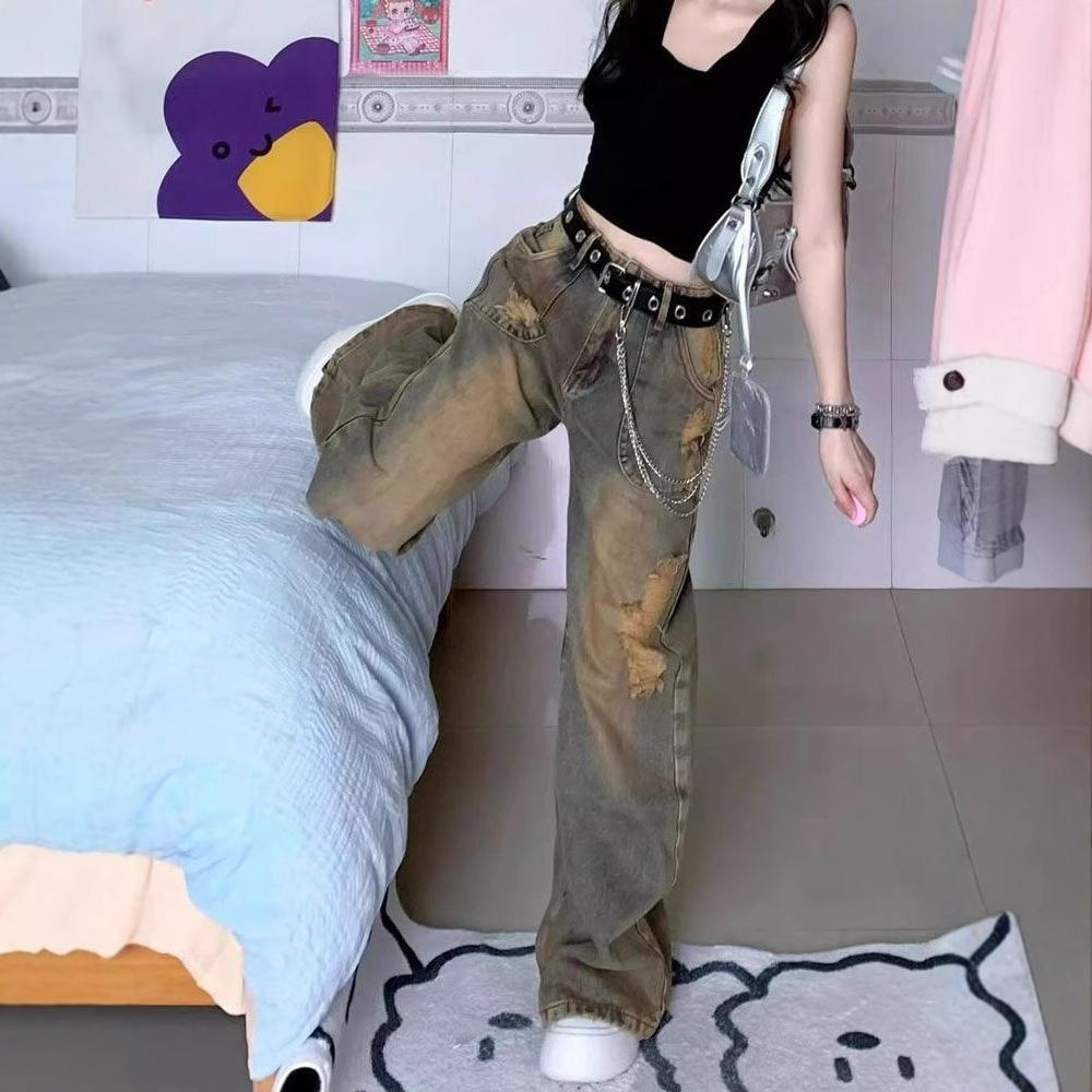 Washed Design Sense Niche Broken Hole Jeans Women Loose Large Yard Straight Straight Drag Floor Wide Leg Long Pants Jeans for Women Long Denim Pants