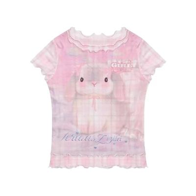 T-shirt da donna carina con stampa coniglietto, bordi arricciati, maniche corte, Kawaii, rosa, top casual