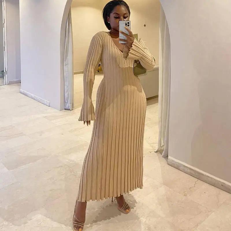 Rib-knit Side Split Maxi Dress Women Solid Color V-neck Slim Fit Robes Autumn Chic Office Lady Commuter Long Dresses