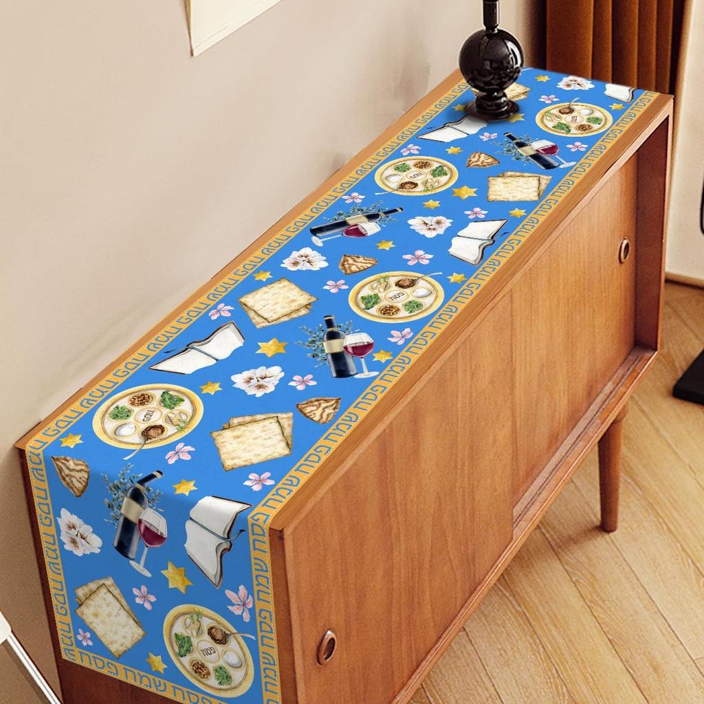 Passover Linen Table Runner Pesach Seder Jewish Party Decoration Matzo Red Wine Home Kitchen Dining Table Runner Passover Decor