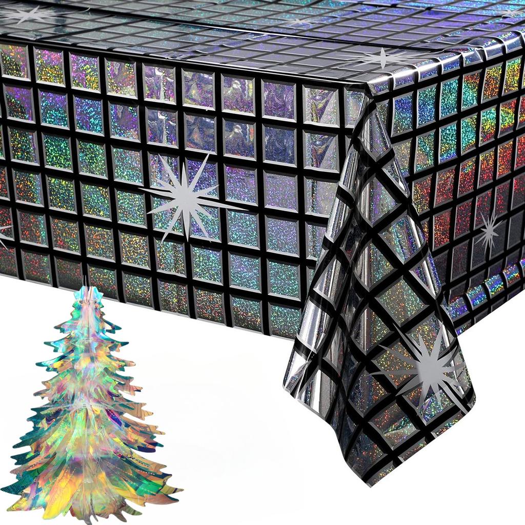 Holiday Laser Projection Tree with Sparkling Disco Ball and Glitter Grid Table Cover Kit for Xmas Party Festive Decorations