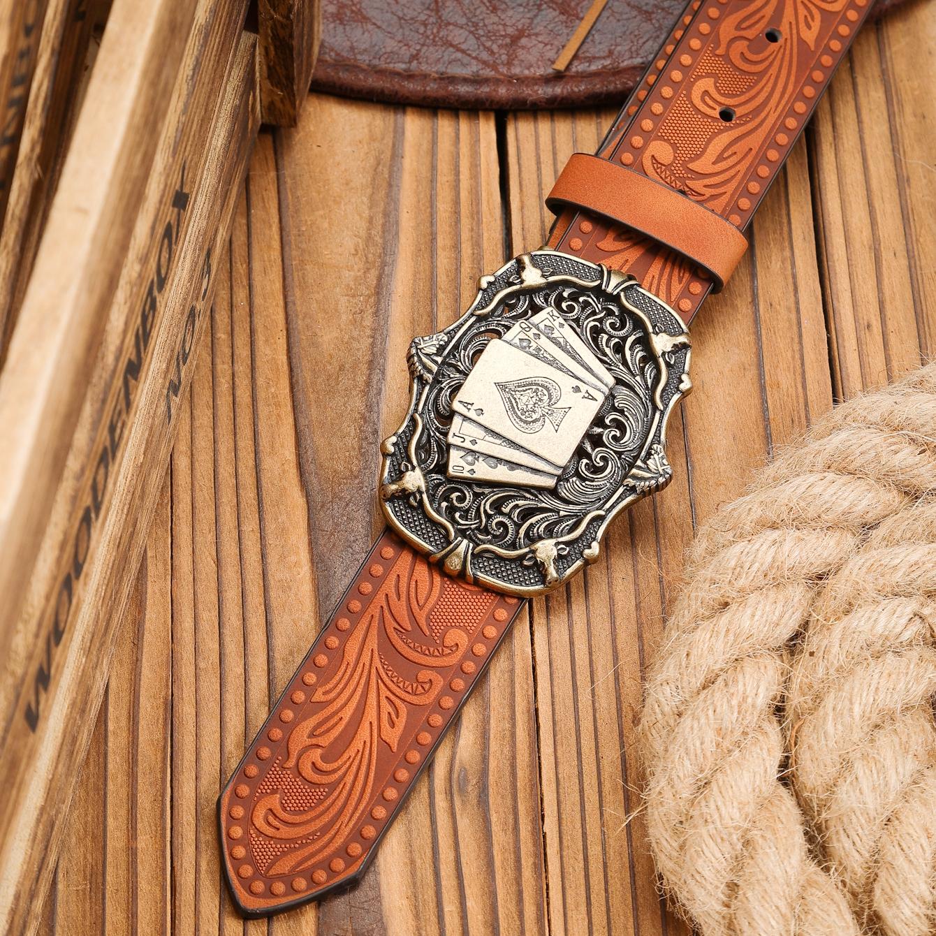 

A Western-buckle PU Belt Suitable for Both Men and Women, A Unique and Retro Brown Belt (with Perforated Nails Included) 120cm