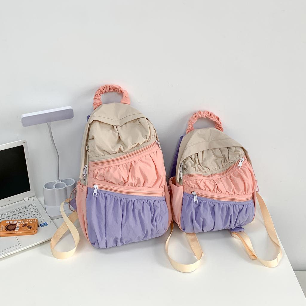 Backpack women's summer Korean style nylon cloth large capacity pleated splicing design contrasting color backpack nylon backpack
