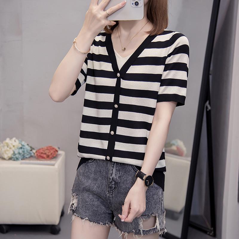 Plus Size Women's Summer Striped V-Neck Two-Piece Ice Silk Knit Top