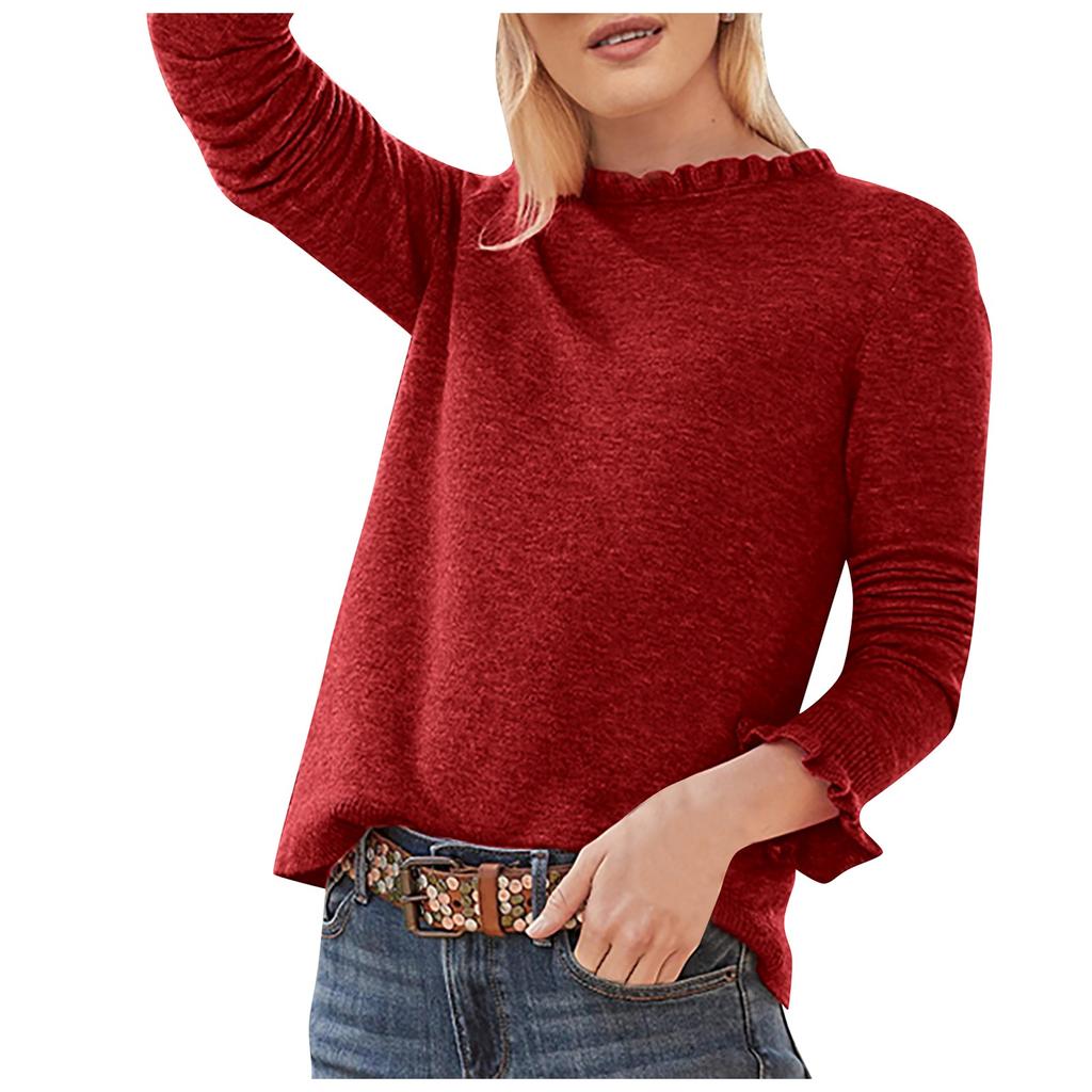 Women's Casual Color Ruffled Round Neck Loose Long-sleeved Woolen Top