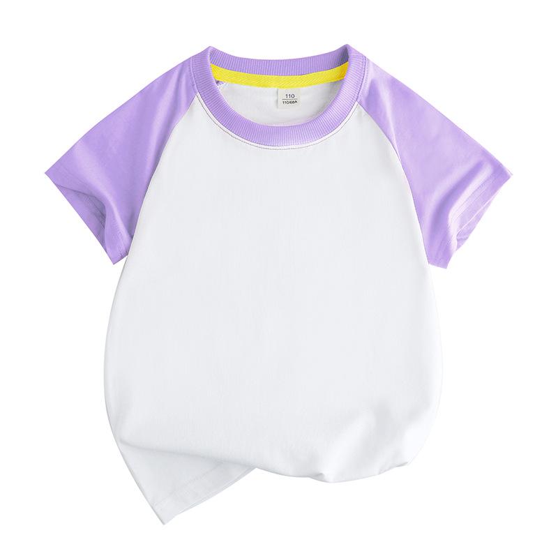 Summer Cotton Raglan Color Block Kids' Round Neck T-Shirt - Solid Color, Sweat-Absorbing, Short Sleeve Uniform