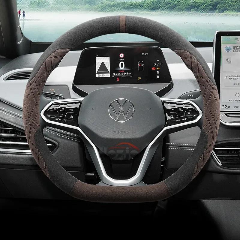 Suede Car Steering Wheel Cover for Volkswagen T-ROC R Taigo Touareg R Atlas R Taos T-Cross 2018 - 2023 2024 2025 Accessories