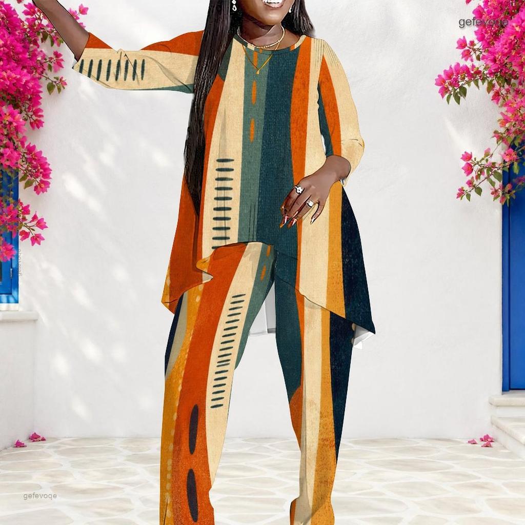 Women Plus Size Geometric Printed Round Neck 3 4 Sleeve Layered Top Long Pants Two Piece Set
