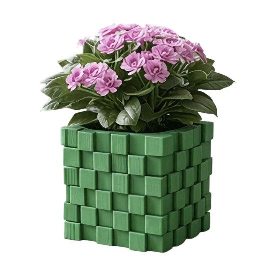 3D Printed Pixel Cube Planter, Grid Spliced Decor, Retro Geometric Ornament, Matte Breathable Structure, Compact Desktop Pot for Succulents Green
