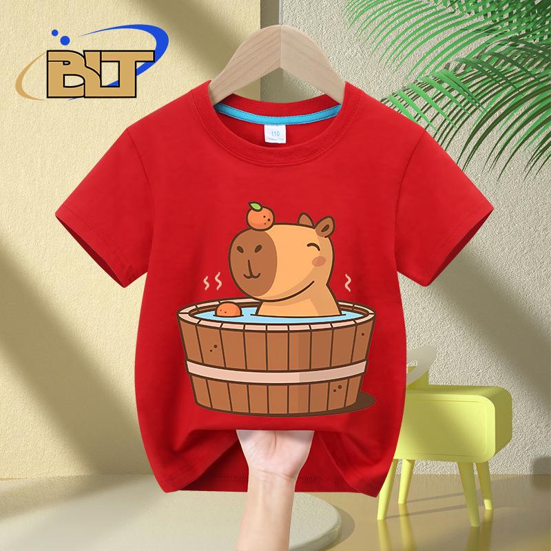 Capybara in hot tub printed Kids TShirts summer childrens pure cotton shortsleeved casual tops boys and girls gifts