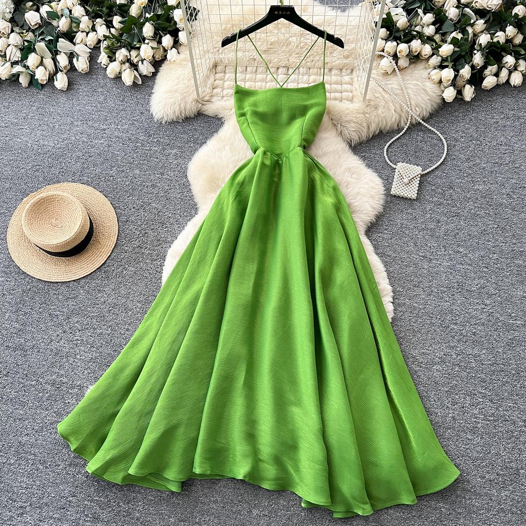 Green suspender dress women's summer design scheming backless waist thin pendulum holiday long skirt