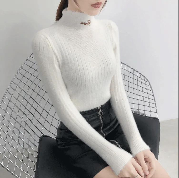 Mink Fleece Sweater Women's Solid Color Letter Embroidered Sweater Cropped Half Turtleneck Bottoming Shirt