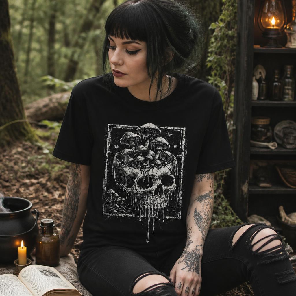 Skull Mushroom Dark Grunge Skeleton Forest Horror Unisex Retro T Shirt 100 Cotton Clothing Fun Short Sleeve Tee Gift Tshirts