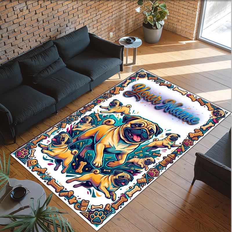 Pug Theme Crystal Velvet Floor Rug Personalized Custom Name Text Warm Carpet Home Decoration