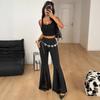 Women's High Waist Flare Pants Side Slit Lace Cutout Black Slim Fit Trousers