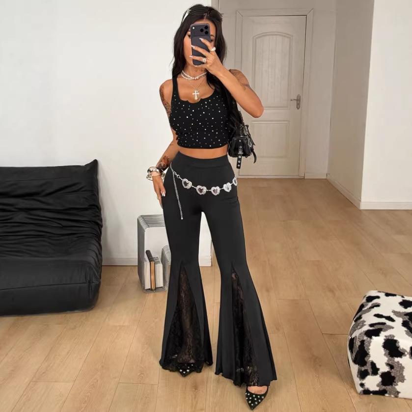 Women's High Waist Flare Pants Side Slit Lace Cutout Black Slim Fit Trousers