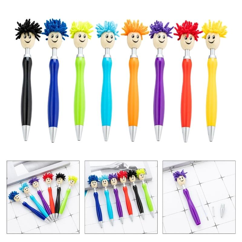 6pcs 1.0mm Mop Head Pen Retractable Ballpoint Pen with Plush Hair Smooth Writing Pen School Office Supplies for Teacher