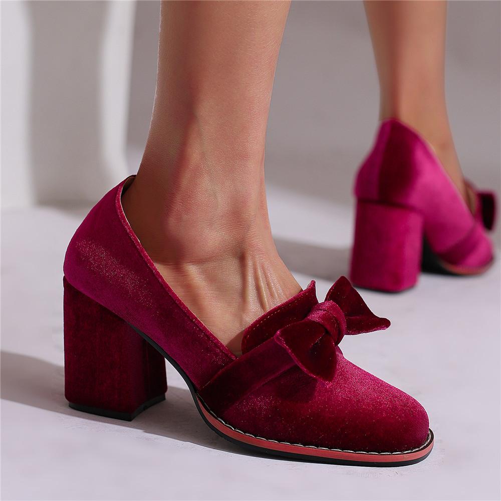 Fashion Fashion High Heels Women Pumps Shoes Spring Elegant Flock Red Green Black Heeled Bow Party Wedding Shoes Female Large Size 33-48