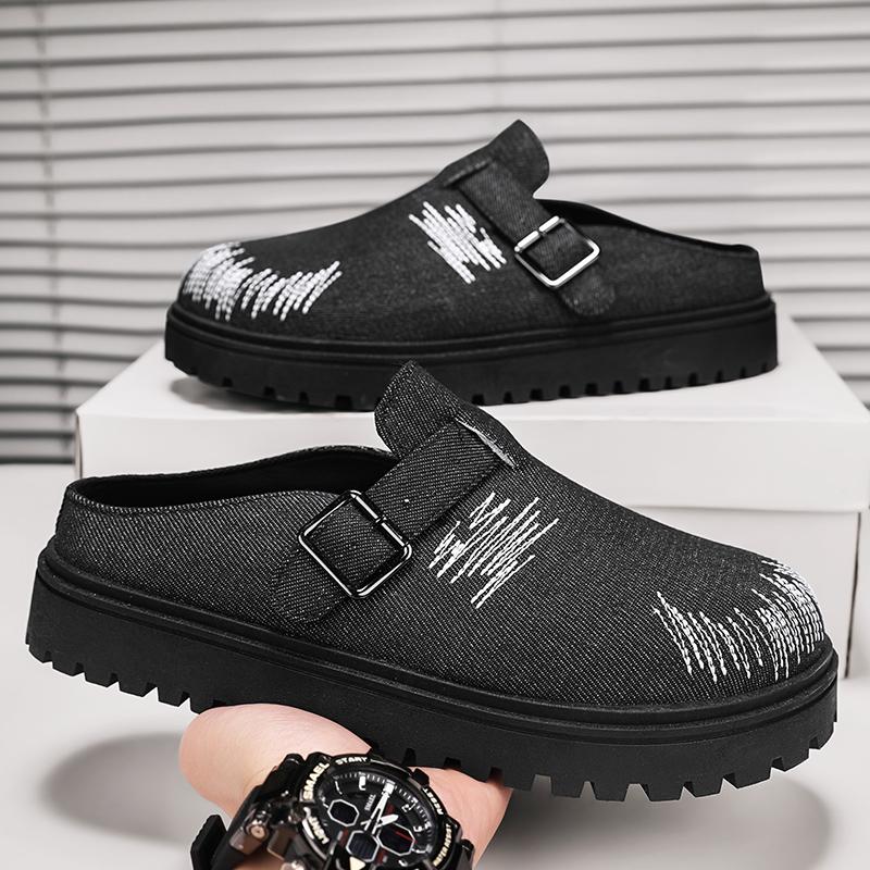 Fashion 2025 New Distress Thick Soled Slippers Round Toe Buckle Belt Slip On Retro Couples Shoes Summer Solid Leisure Concise Shoes