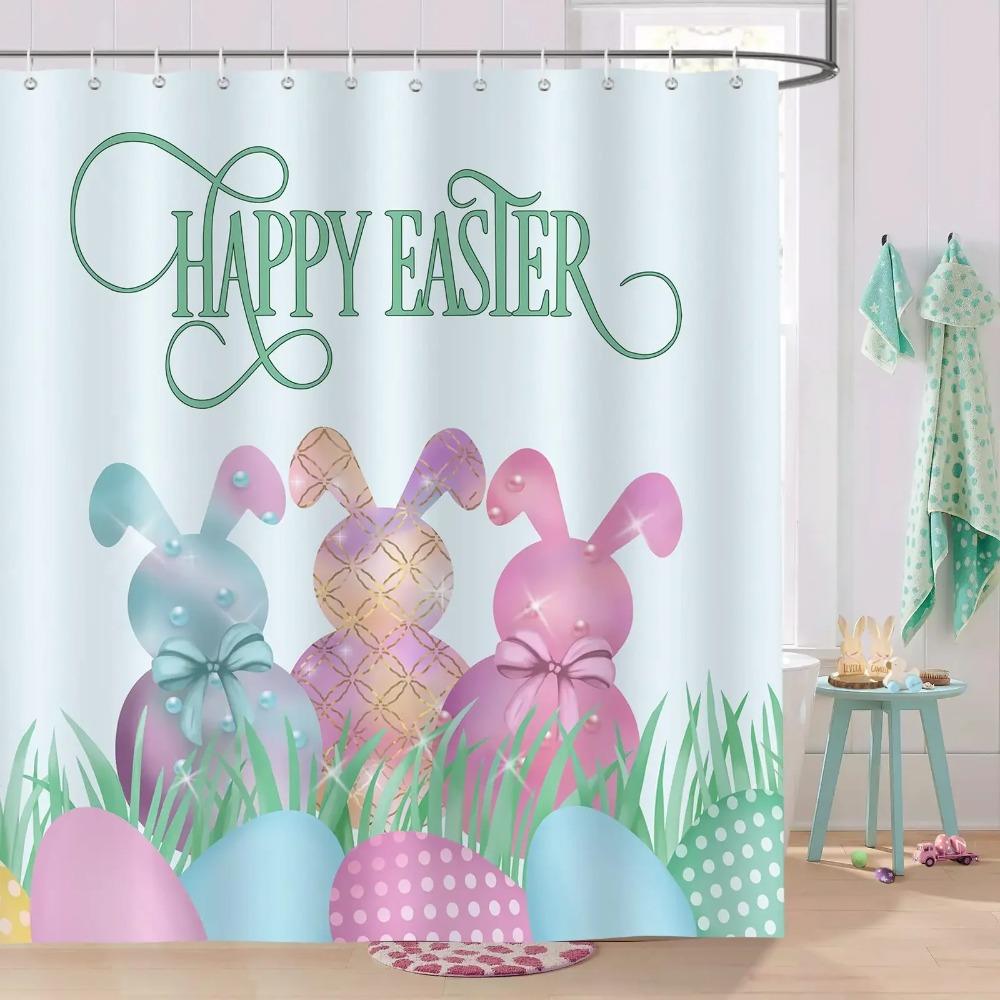 Happy Easter Bunny Shower Curtain Funny Rabbits Pink and Blue Eggs Bath Curtain Polyester Fabric Waterproof Bathroom Curtain Set