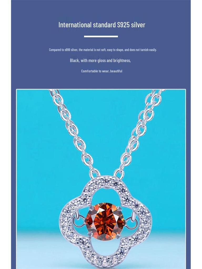 S925 Silver Dancing Heart Moissanite Necklace: Women's 50-Point Colored Moissanite Clover Pendant on Clavicle Chain