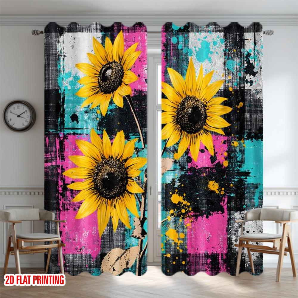 2D flat printing 2pcs Curtain Curtain Vibrant Sunflower Digital Printed Polyester Drapes Birthday Party Perfect for Yard &