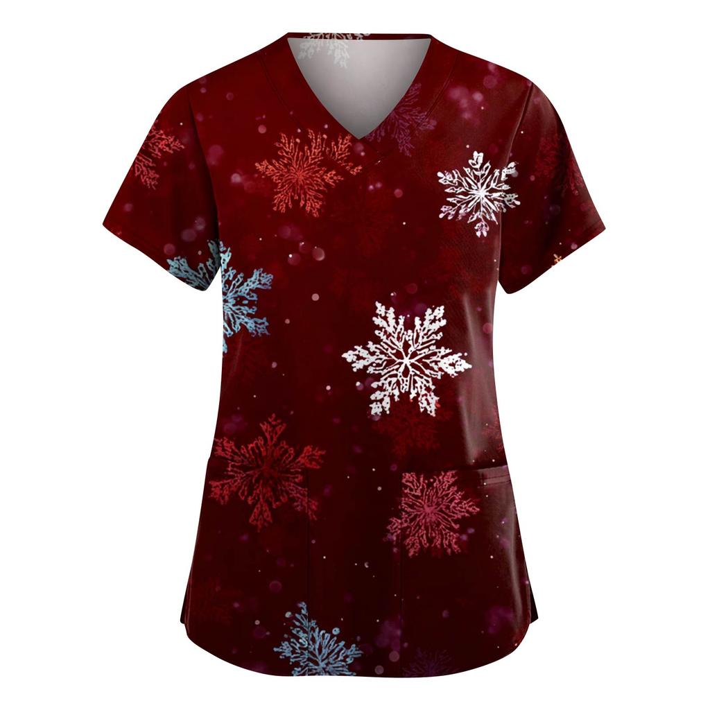 Women's Fashion V-Neck Short-Sleeved Workwear With Pockets Christmas Print Top Caregiver Uniform