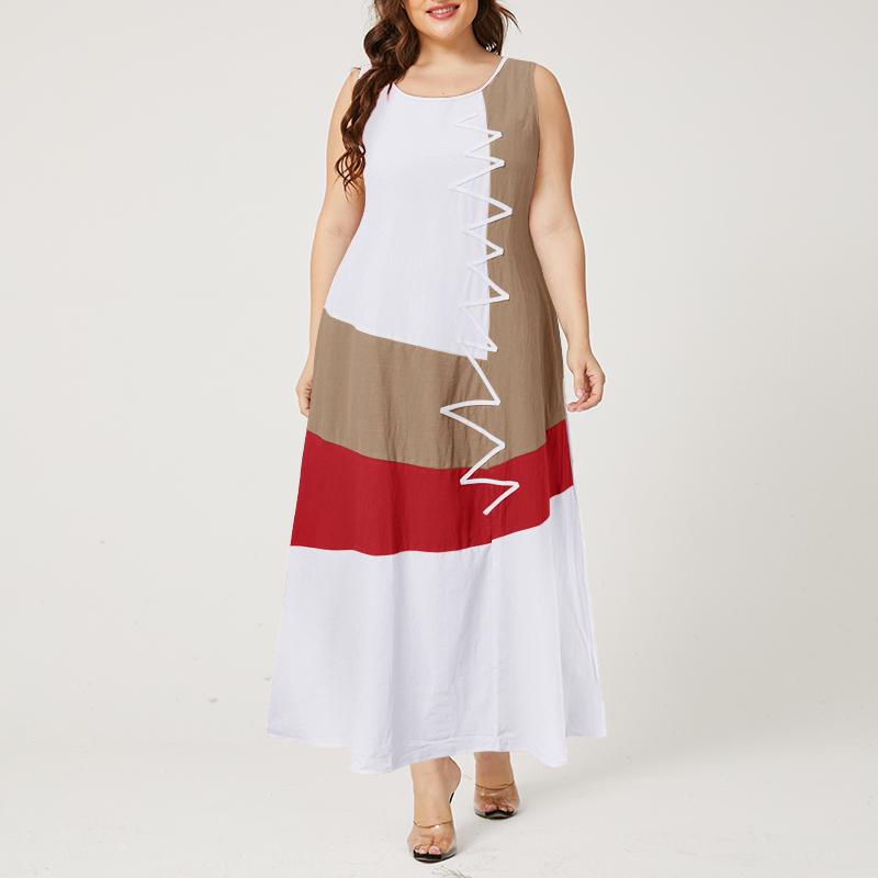 Women Summer Crew Neck Patchwork Sleeveless Tank Dress