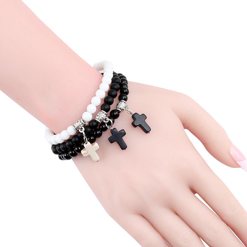 Vintage Cross Natural Stone 6mm Beads Bracelet Charm Men Blue Bead Pendant Strand Bracelets Bangles Women Fashion Jewelry Gifts