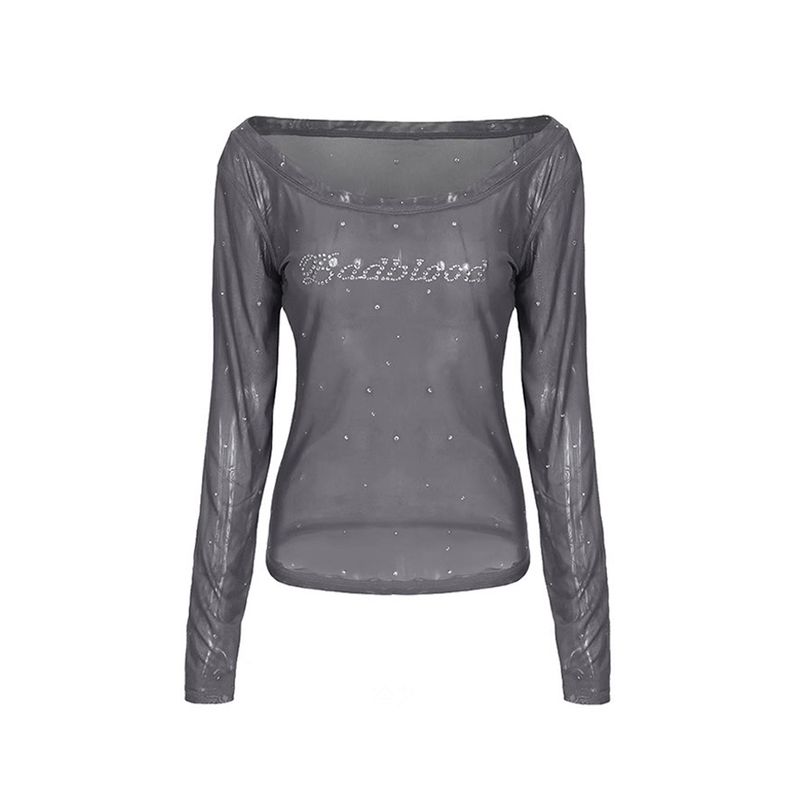 Badblood American Sexy Hot Drilling Mesh T-shirt Female Sheer Long Sleeve Sexy off-the-Shoulder Casual Niche Top