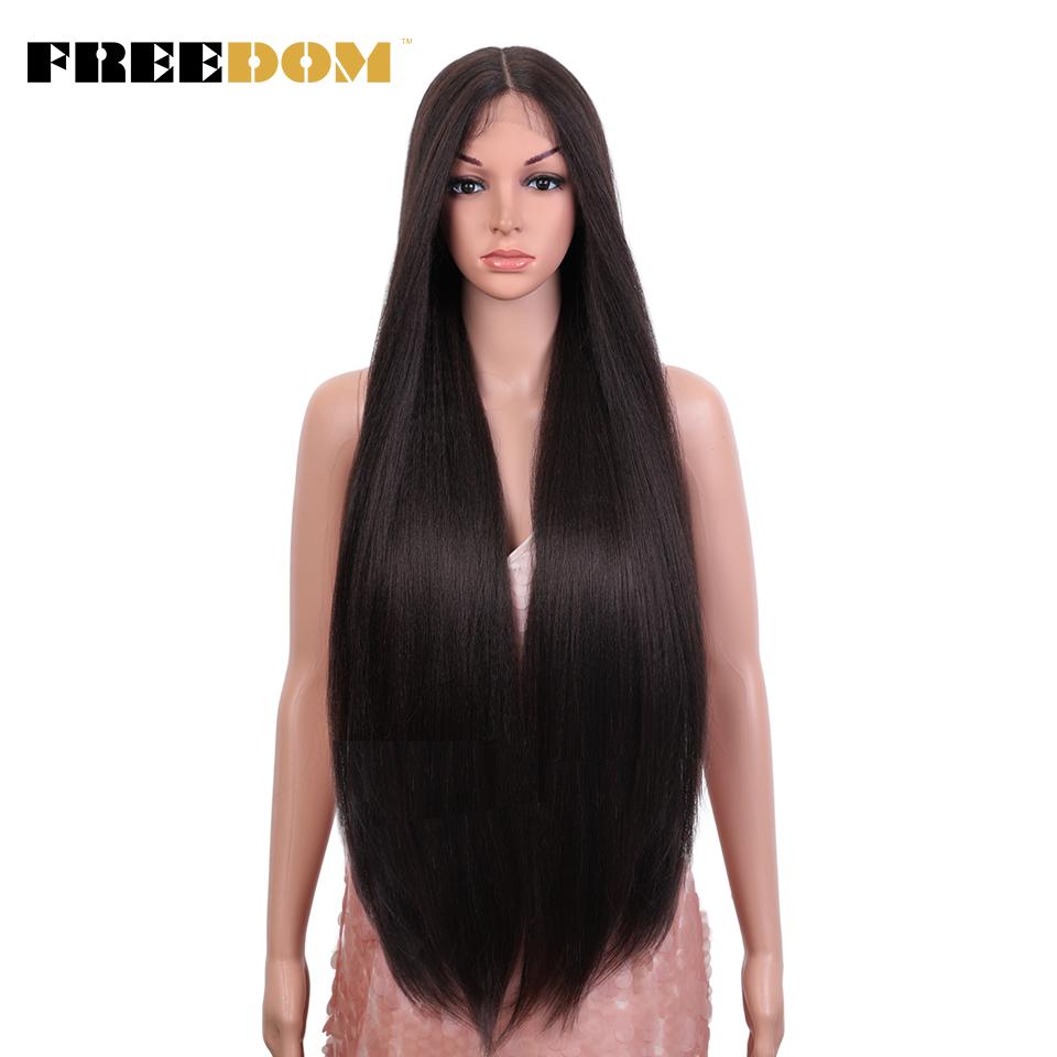FREEDOM Yaki Straight Synthetische Spitzeperücken für Damen Ombre Braun Handgebundene Spitzeperücke 36 Zoll Mittelscheitel Lang Blau Rosa Cosplay-Perücke