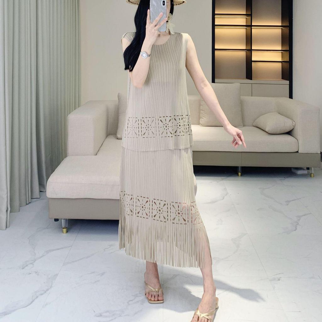 2025 Spring/Summer Women's Pleated Tassel Tank Top & Midi Skirt Two-Piece Set