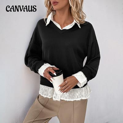 Blusa de Moletom Casual Feminina de Outono com Gola Lapela Patchwork de Manga Longa